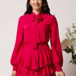 Rochie DY Fashion din voal fucsia scurta cu volane la baza