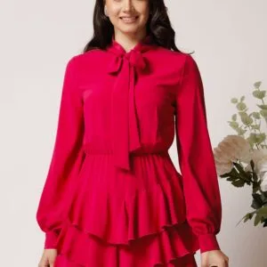 Rochie DY Fashion din voal fucsia scurta cu volane la baza
