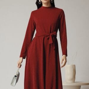 Rochie DY Fashion eleganta din lurex bordo cu cordon in talie