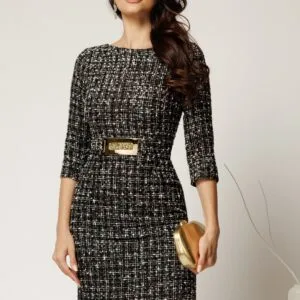 Rochie DY Fashion neagra din tweed cu catarama si strasuri in talie