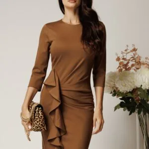 Rochie DY Fashion office din jerse maro cu volan pe fusta