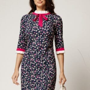 Rochie DY Fashion office din stofa bleumarin cu flori fucsia si mansete din poplin