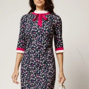 Rochie DY Fashion office din stofa bleumarin cu flori fucsia si mansete din poplin