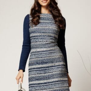 Rochie DY Fashion office din tweed albastra cu imprimeu pepit bleu