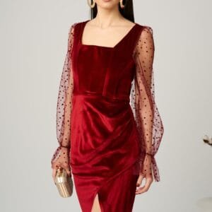 Rochie eleganta din catifea bordo cu maneci din tull cu buline
