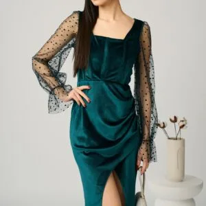 Rochie eleganta din catifea verde cu maneci din tull cu buline