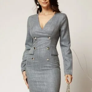 Rochie eleganta tip sacou din stofa gri cu imprimeu pepit