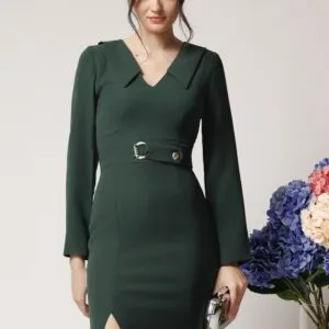 Rochie Moze office din stofa verde cu catarama in talie