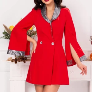 Rochie Stefany rosie cu guler si mansete din paiete argintii