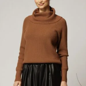 Bluza casual din tricot reiat maro cu guler maxi