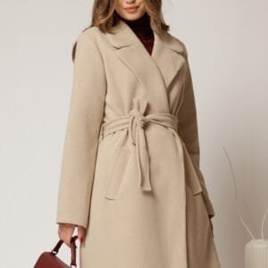 Palton Ariana bej cu buzunare si cordon in talie