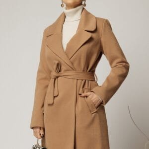 Palton Ariana maro camel cu buzunare si cordon in talie