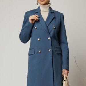 Palton DY Fashion elegant din stofa bleu cu doua randuri de nasturi