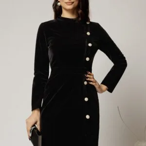 Rochie DY Fashion din catifea neagra cu nasturi pe o parte