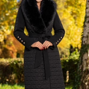 Geaca matlasata Kimber neagra cu detalii din stofa si blanita