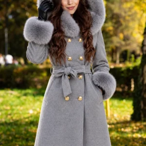 Palton elegant din stofa Xena gri cu gluga