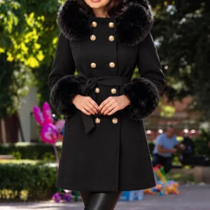 Palton elegant din stofa Xena negru cu gluga