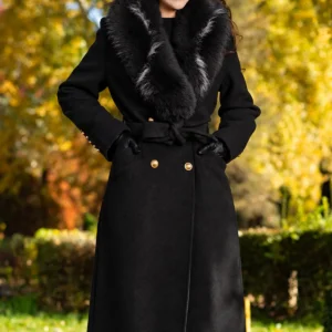 Palton elegant lung din stofa negru cu guler din blana ecologica